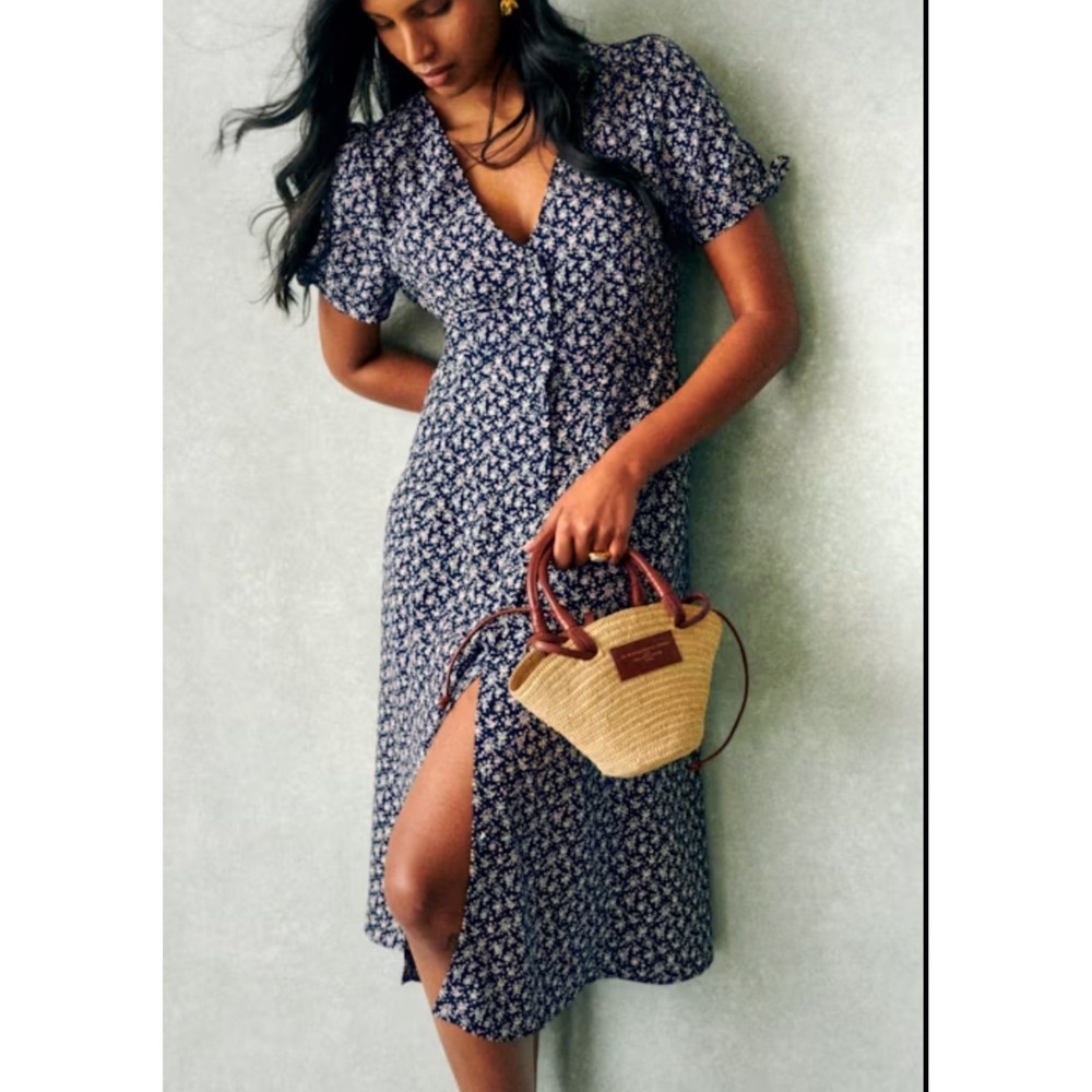 Sezane Vic Midi Dresss Lanzarote Print Dainty Floral French 38 Navy Cream White